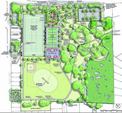 Almont Plan: This map of Almont Park shows the wide mix of uses that are included in the current improvement project at the 17.05 acre park in Mattapan. Image courtesy City of Boston